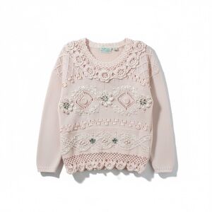 VTG 80s English Country Cottage Farm Charm Boho Pink Pearls Ribbon Sweater M